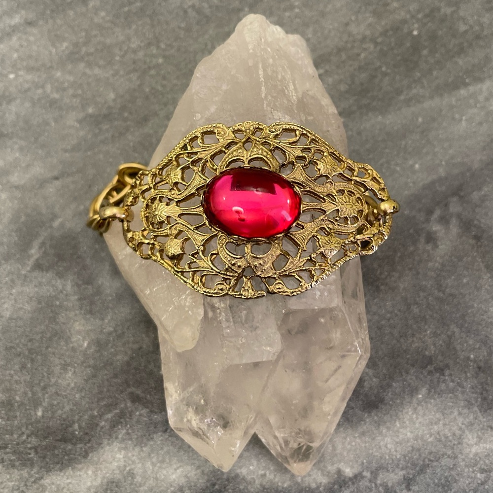 Vintage West Germany Gold Filigree Bracelet Red Glass Ring Set - Picture 15 of 16